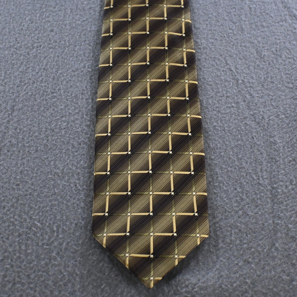 Roberto Villini Mens Collezione Geometric Plaid Silk Necktie OS Brown‎ Gold